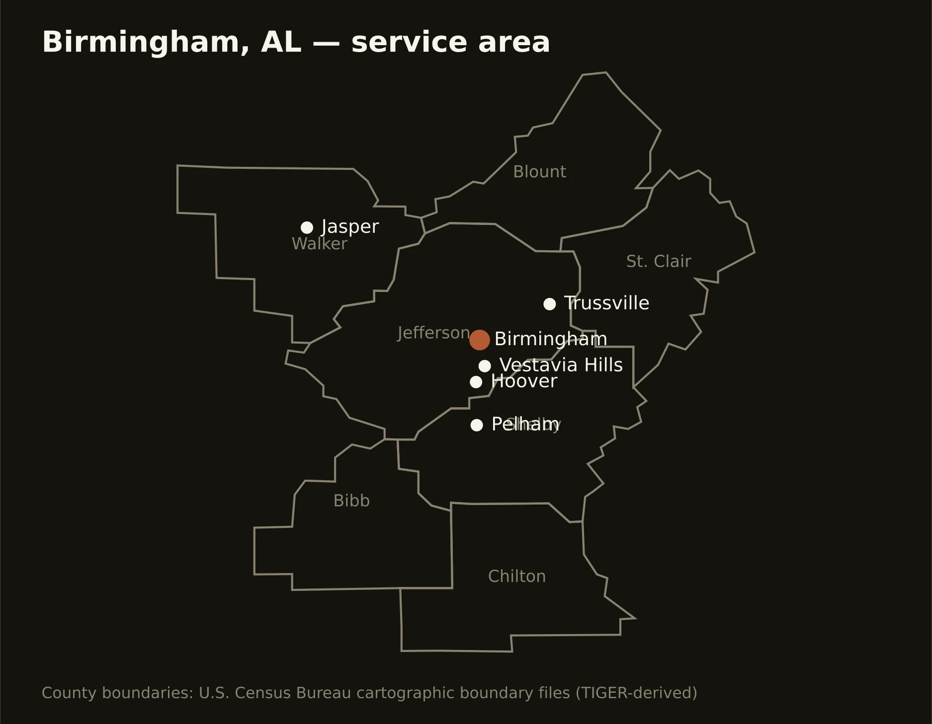 Birmingham, AL directional drilling service area map — component counties and cities served